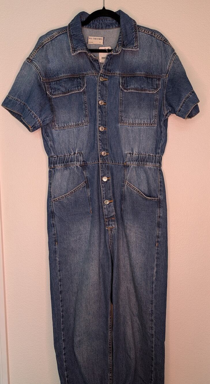 Free People NWT Marci Denim Jumpsuit High Noon L Utility Workwear Boho Grunge